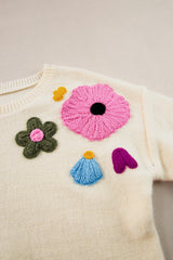 Beige Knitted Flower Pattern Ribbed Edge Sweater Sweaters JT's Designer Fashion