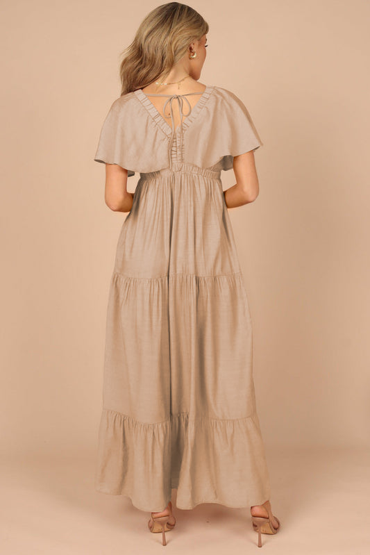 Parchment Textured V Neck Flutter Sleeve Ruffled Long Dress Maxi Dresses JT's Designer Fashion