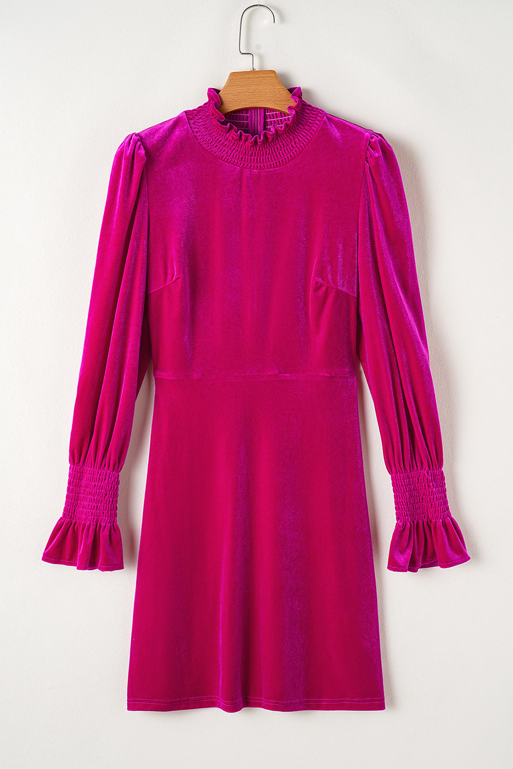 Rose Red Smocked Mock Neck Ruffled Puff Sleeve Velvet Mini Dress Mini Dresses JT's Designer Fashion