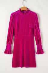 Rose Red Smocked Mock Neck Ruffled Puff Sleeve Velvet Mini Dress Mini Dresses JT's Designer Fashion