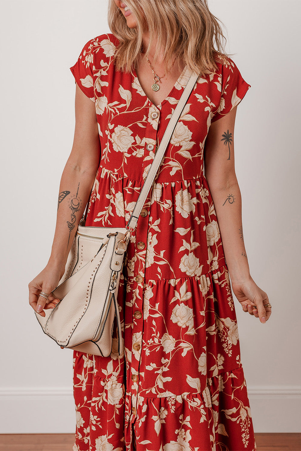 Red Floral Print Buttoned Front V Neck Tiered Short Sleeve Midi Dress Midi Dresses JT's Designer Fashion