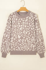 Gray Leopard Spots Pattern Ribbed Trim Drop Shoulder Sweater Sweaters JT's Designer Fashion