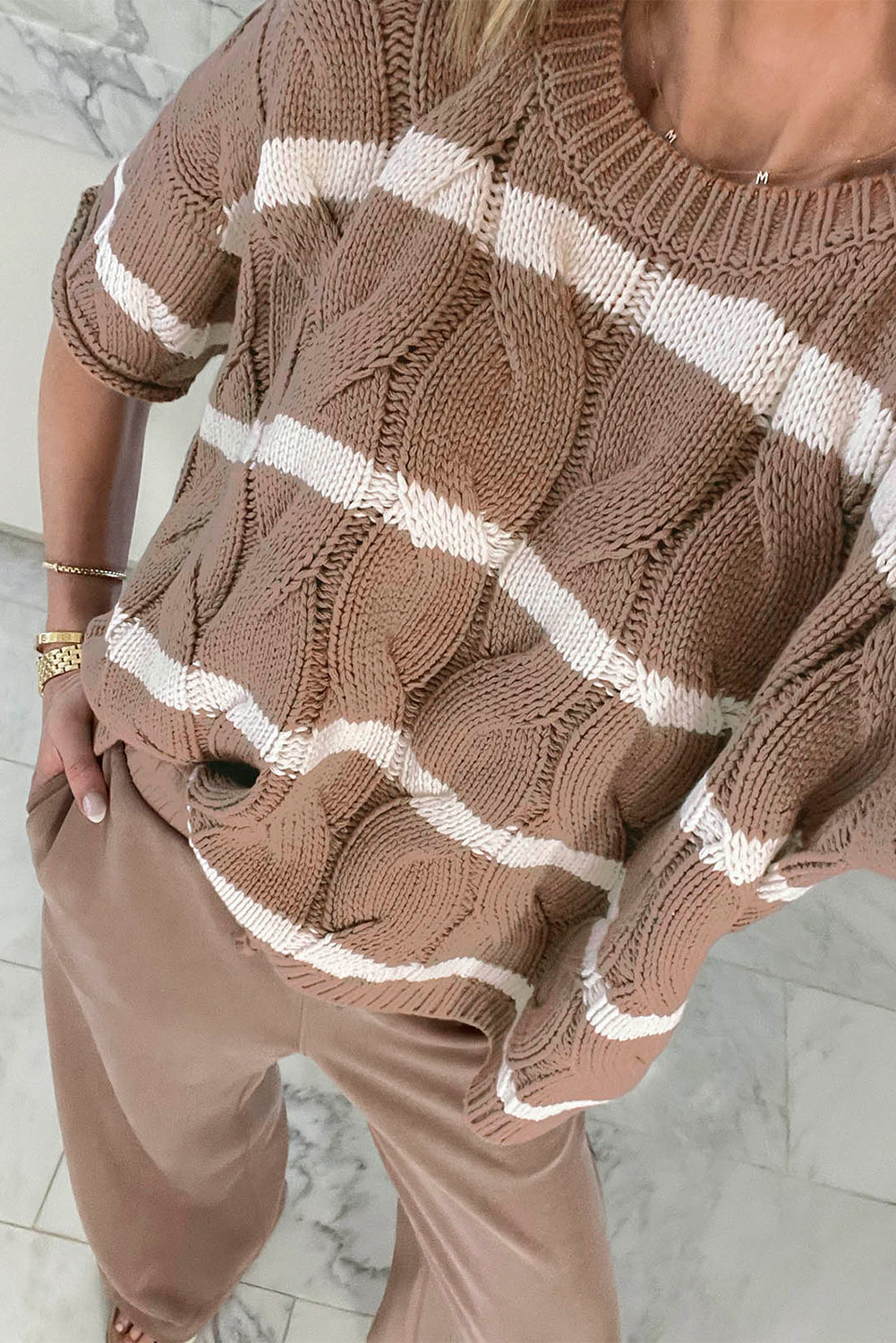 Dark Khaki Striped Cable Short Sleeve Sweater Sweaters & Cardigans JT's Designer Fashion