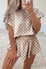 Brown Checkerboard T Shirt and High Waist Skorts 2 Piece Outfit Brown 95%Polyester+5%Elastane Short Sets JT's Designer Fashion