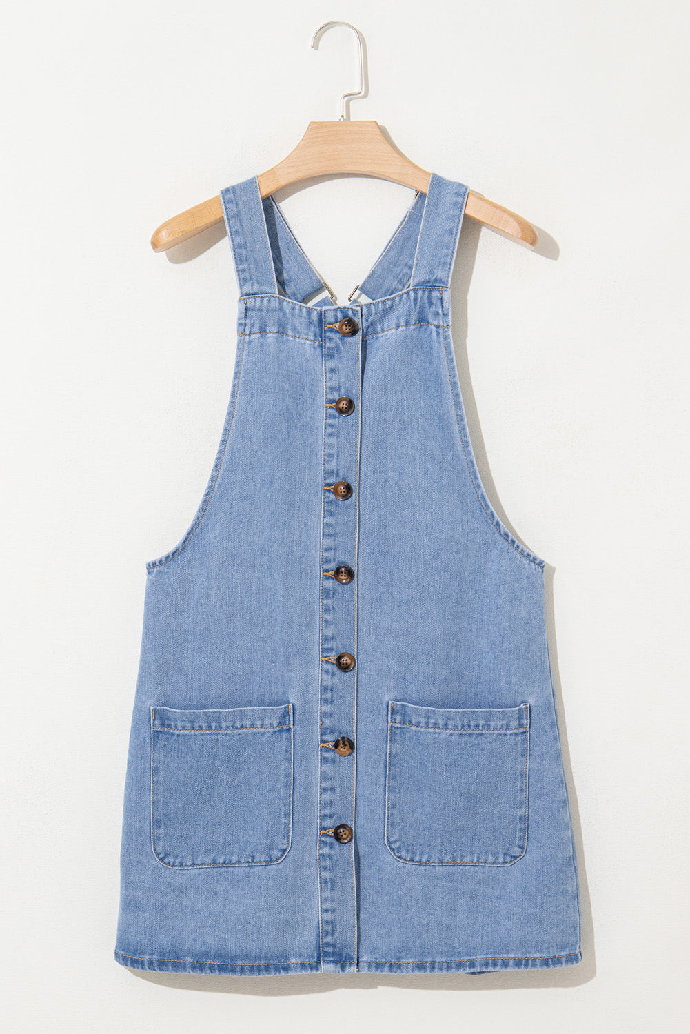 Beau Blue Wide Strap Button Front Pocketed Denim Mini Dress Mini Dresses JT's Designer Fashion