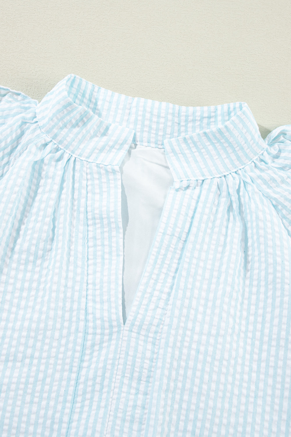 Myosotis Seersucker Ruffled Puff Sleeve Stand Neck Mini Dress Mini Dresses JT's Designer Fashion