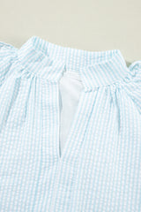 Myosotis Seersucker Ruffled Puff Sleeve Stand Neck Mini Dress Mini Dresses JT's Designer Fashion