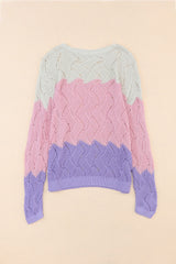 Pink Color Block Hollow Knitted Loose Sweater Sweaters JT's Designer Fashion