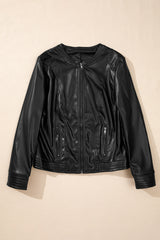 Black Solid Faux Leather Zipper Slim Fit Bomber Jacket Jackets JT's Designer Fashion