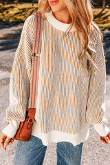 Chestnut Striped Textured Knit Contrast Edge Loose Sweater Sweaters JT's Designer Fashion