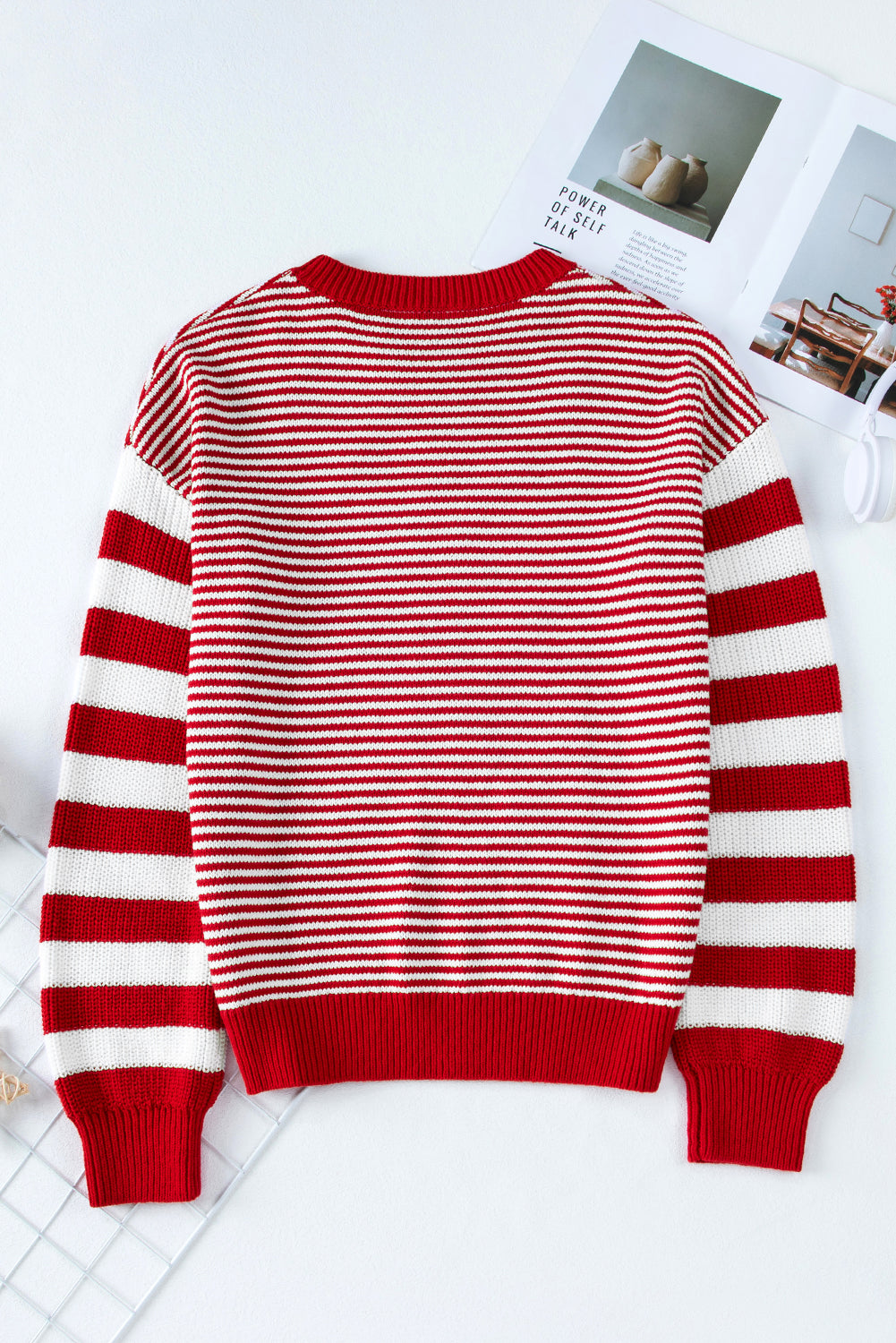 Red Stripe Geometric Textured Drop Shoulder Sweater Sweaters JT's Designer Fashion
