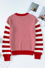 Red Stripe Geometric Textured Drop Shoulder Sweater Sweaters JT's Designer Fashion
