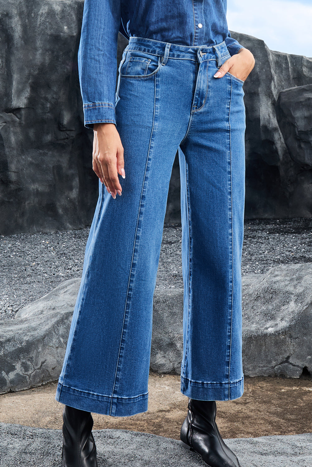 Dark Blue Plain Seam Detail Flared Bottom Ankle Length Jeans Jeans JT's Designer Fashion