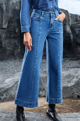 Dark Blue Plain Seam Detail Flared Bottom Ankle Length Jeans Jeans JT's Designer Fashion