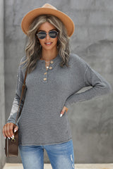 Gray Henley Pullover Drop Shoulder Sweater with Slits Sweaters & Cardigans JT's Designer Fashion
