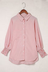 Red Stripe Smocked Cuffed Striped Boyfriend Shirt with Pocket Blouses & Shirts JT's Designer Fashion