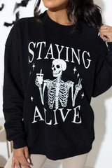Black STAYING ALIVE Skull Graphic Crewneck Halloween Sweatshirt Black 50%Polyester+50%Cotton Graphic Sweatshirts JT's Designer Fashion