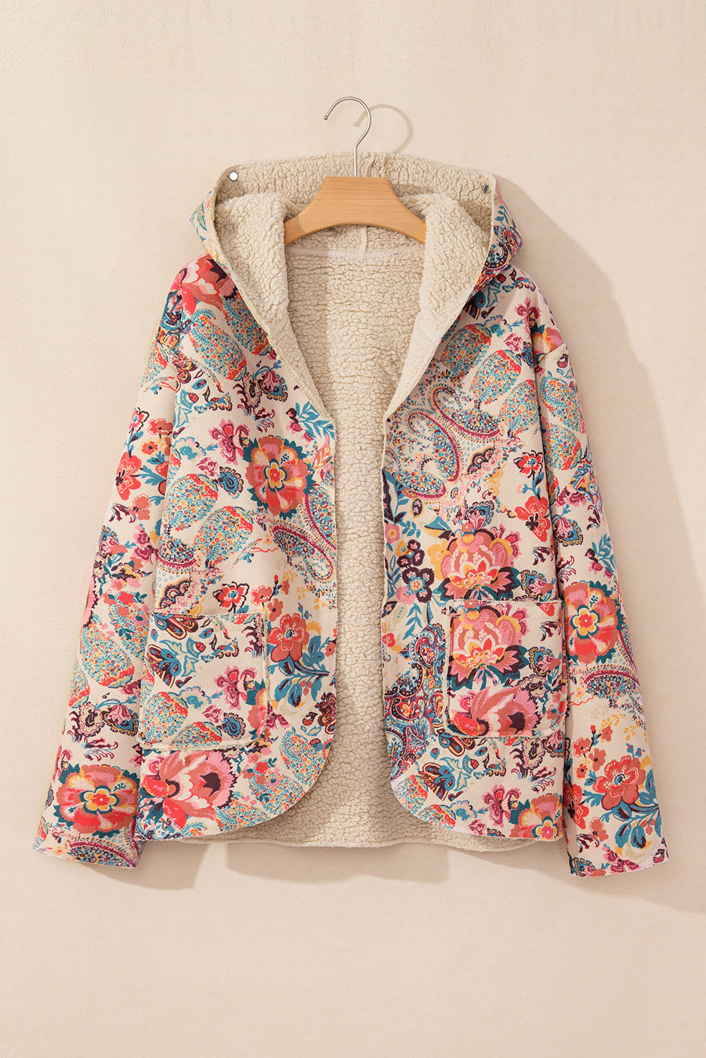Beige Vintage Paisley Floral Printed Sherpa Lined Hooded Jacket Jackets JT's Designer Fashion