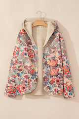 Beige Vintage Paisley Floral Printed Sherpa Lined Hooded Jacket Jackets JT's Designer Fashion