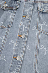 Sky Blue Bow Knot Print Light Wash Raw Hem Denim Jacket Denim Jackets JT's Designer Fashion
