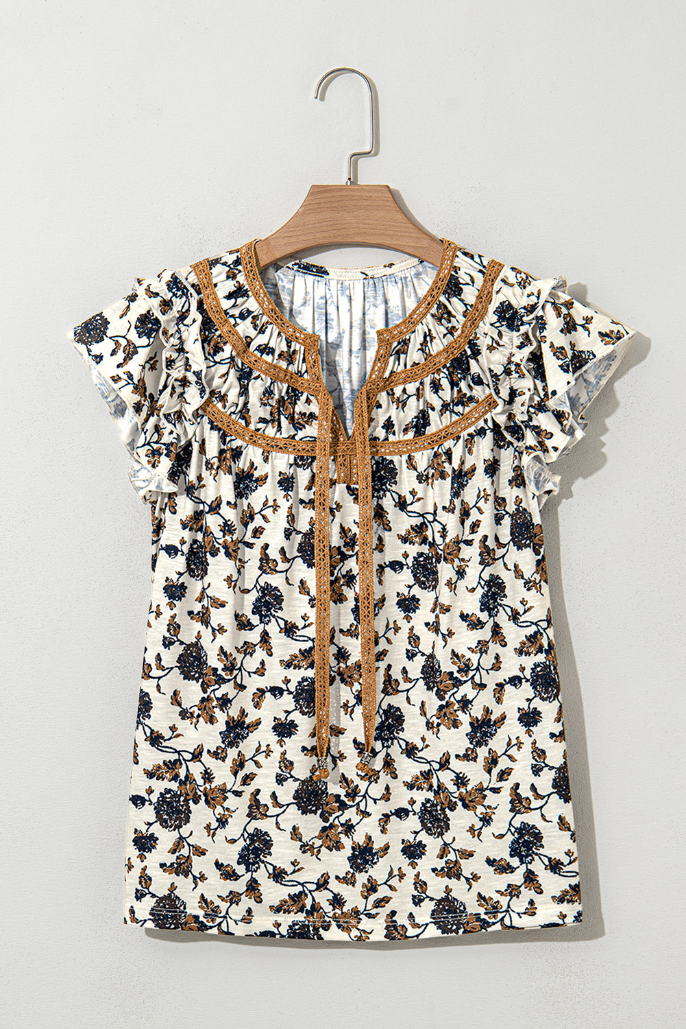White Floral Frilly Blouse with Lace Up Blouses & Shirts JT's Designer Fashion