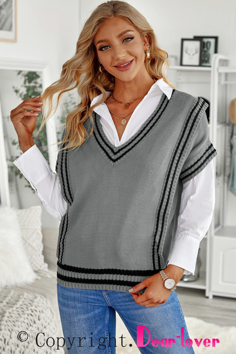 Gray V Neck Contrast Stripes Trims Short Sleeve Sweater Sweaters & Cardigans JT's Designer Fashion