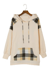 Khaki Plaid Patchwork Kangaroo Pocket Oversized Hoodie Sweatshirts & Hoodies JT's Designer Fashion