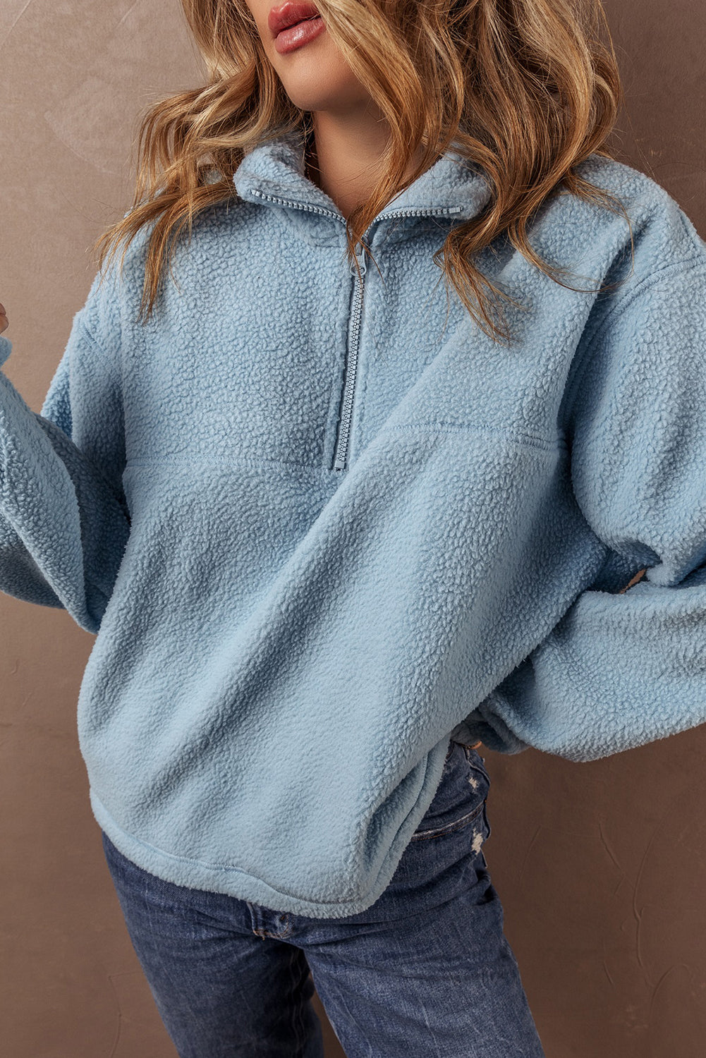 Myosotis Collared Zipper Drop Shoulder Fleece Sweatshirt Sweatshirts & Hoodies JT's Designer Fashion