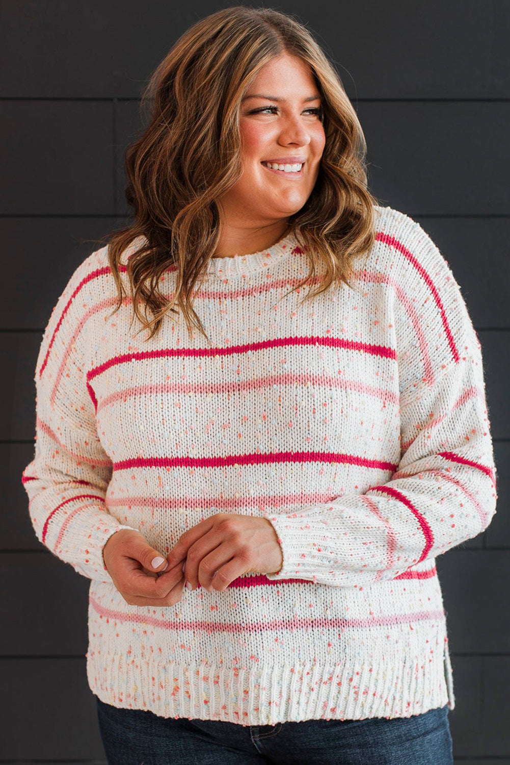 Pink Stripe Drop Shoulder Side Split Plus Size Sweater Plus Size Sweaters & Cardigans JT's Designer Fashion
