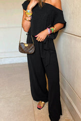 Black Checkered Mesh One Shoulder Short Sleeve Knotted Waist Jumpsuit Jumpsuits & Rompers JT's Designer Fashion