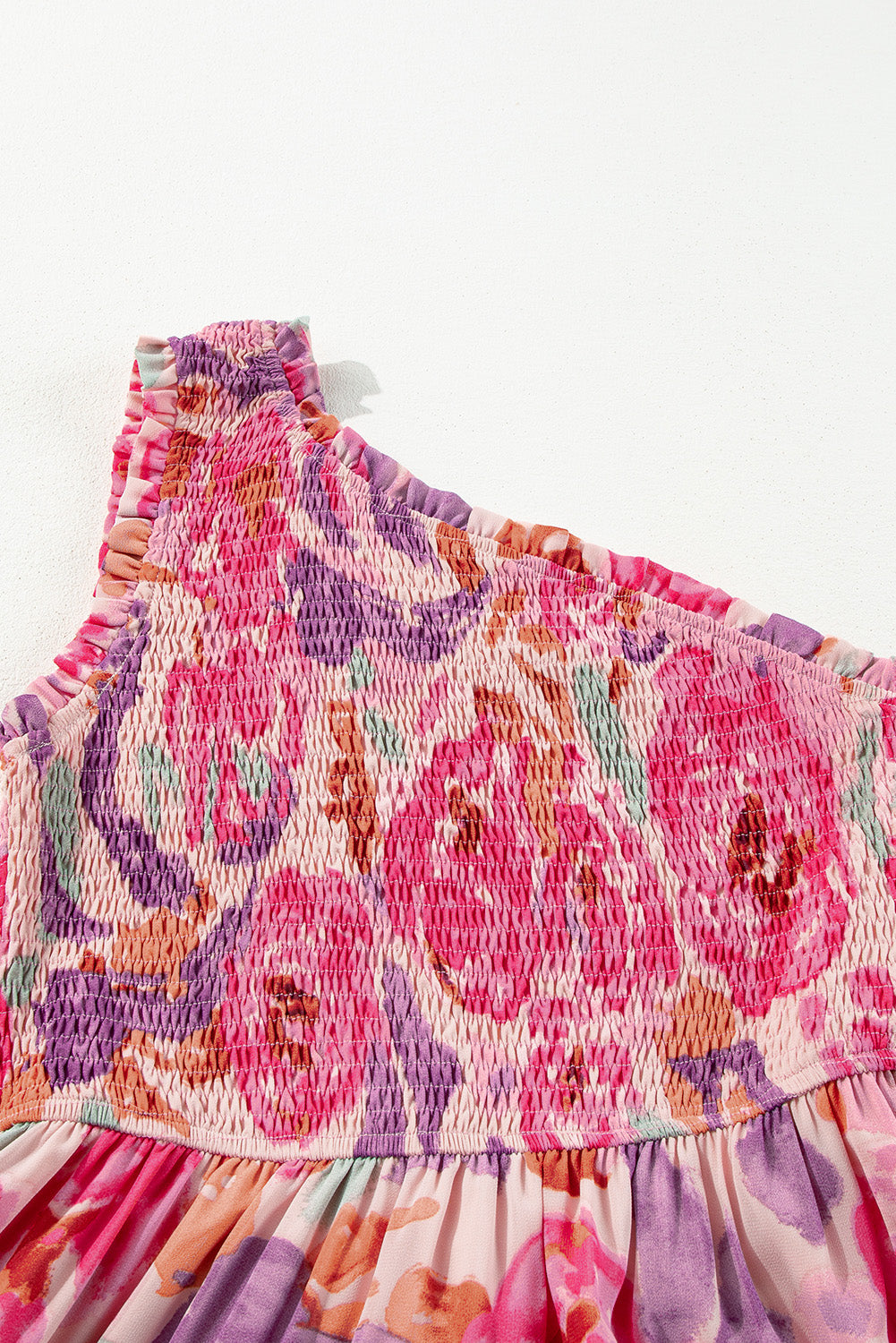 Pink Abstract Floral Print Shirred One Shoulder Maxi Dress Floral Dresses JT's Designer Fashion