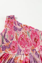 Pink Abstract Floral Print Shirred One Shoulder Maxi Dress Floral Dresses JT's Designer Fashion