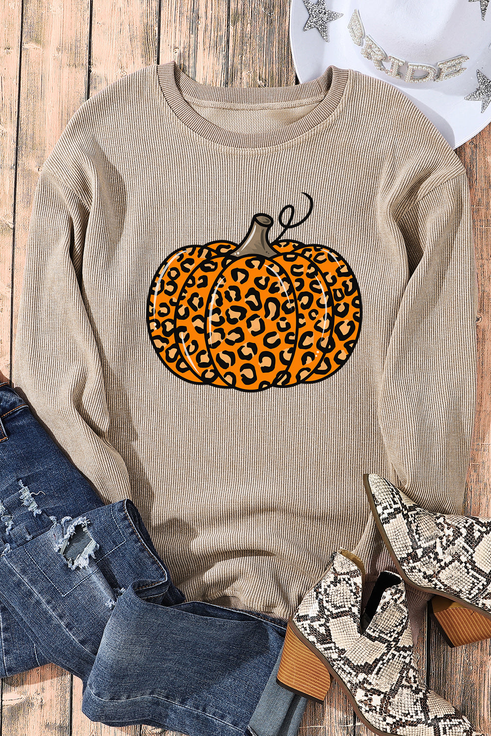 Khaki Halloween Leopard Pumpkin Graphic Corded Sweatshirt Graphic Sweatshirts JT's Designer Fashion