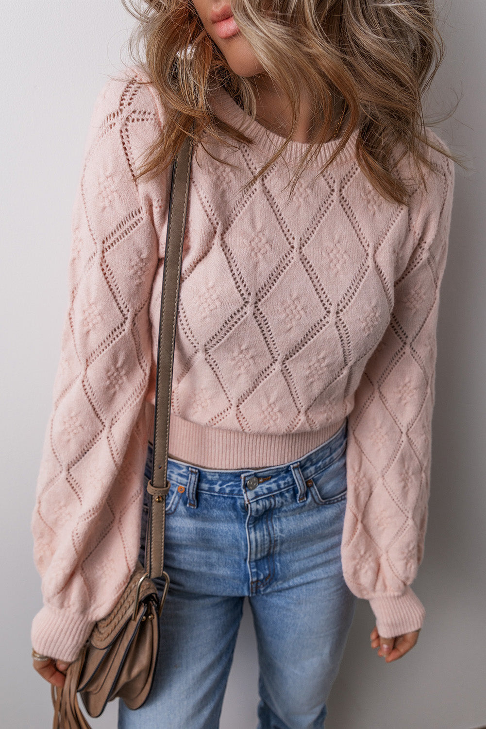 Gossamer Pink Openwork Plaid Puff Sleeve Cropped Sweater Sweaters JT's Designer Fashion