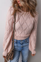 Gossamer Pink Openwork Plaid Puff Sleeve Cropped Sweater Sweaters JT's Designer Fashion