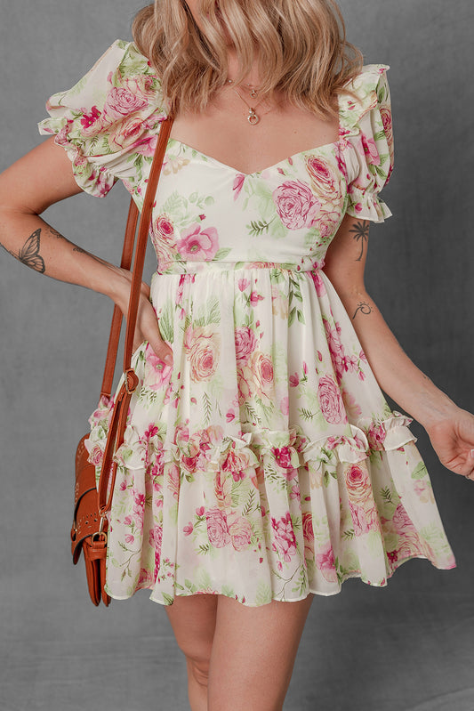 White Vibrant Floral Bubble Sleeve Sweetheart Neck Ruffle Mini Dress White 100%Polyester Floral Dresses JT's Designer Fashion