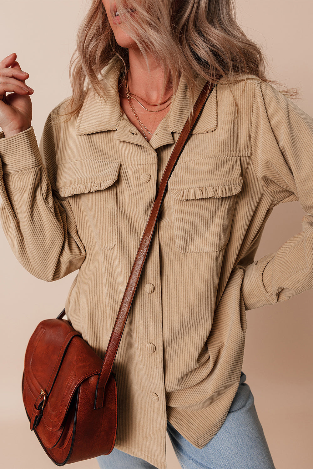 Light French Beige Solid Frilled Flap Pocket Button Up Corduroy Shacket Jackets JT's Designer Fashion