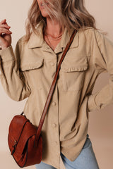 Light French Beige Solid Frilled Flap Pocket Button Up Corduroy Shacket Jackets JT's Designer Fashion