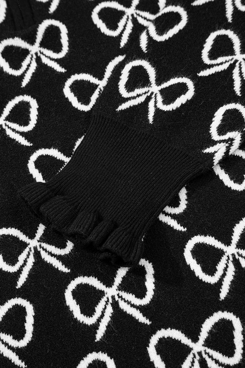 Black Cute Bow Pattern Drop Shoulder Zipped Collar Sweater Sweaters JT's Designer Fashion