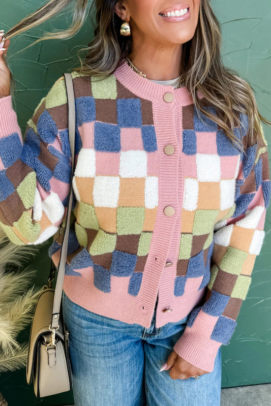 Multicolour Plush Checkered Pattern Button Front Cardigan Sweater Multicolour 65%Acrylic+35%Polyamide Cardigans JT's Designer Fashion