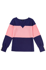 Blue Stripe Colorblock Button Decor Long Sleeve V Neck Top Long Sleeve Tops JT's Designer Fashion