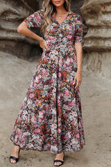 Brown Mesh Leopard Floral Reversible V Neck Short Sleeve Dress Dresses JT's Designer Fashion