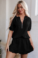 Black Half Zip Puff Sleeve Top and Ruffled Shorts Set Short Sets JT's Designer Fashion