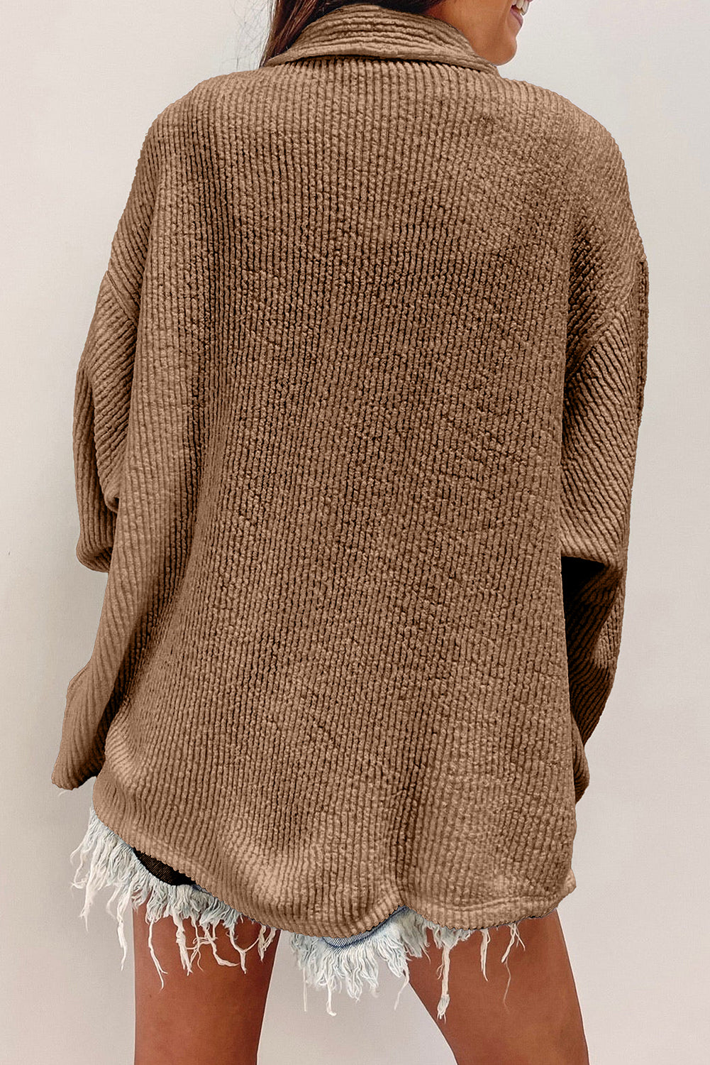 Dark Khaki Solid Color Corduroy Buttoned Long Sleeve Shacket Jackets JT's Designer Fashion