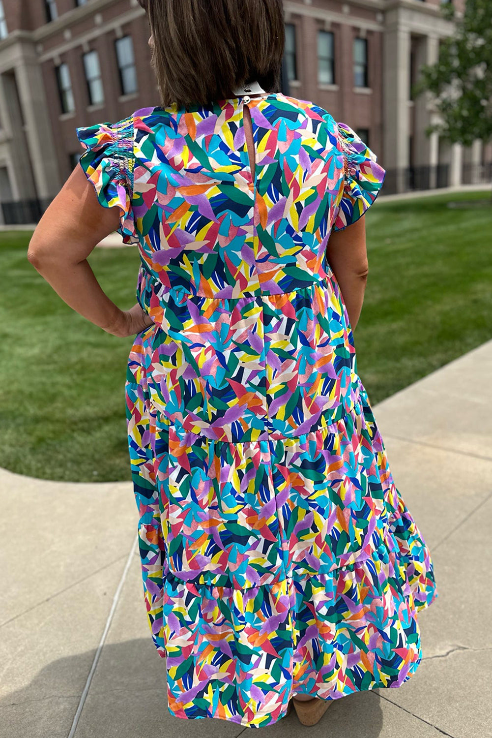 Blue Geometric Print Ruffled Short Sleeve Plus Size Tiered Maxi Dress Plus Size Maxi Dresses JT's Designer Fashion