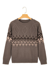 Light French Beige Western Geometric Patterned Crew Neck Knitted Sweater Sweaters JT's Designer Fashion