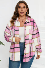 Pink Plaid Color Block Buttoned Long Sleeve Jacket with Pocket Plaid Shackets JT's Designer Fashion