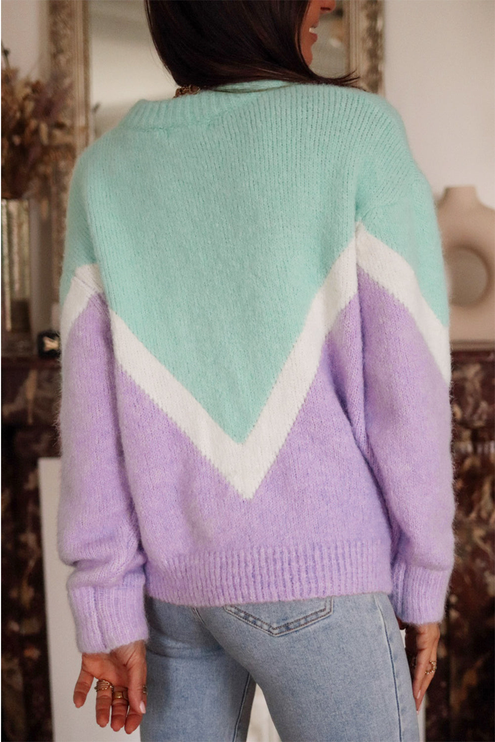 Green Chevron Colorblock Ribbed Knit Drop Shoulder Sweater Sweaters JT's Designer Fashion