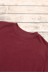 Burgundy Plain Drop Shoulder Crewneck Pullover Sweatshirt Sweatshirts & Hoodies JT's Designer Fashion