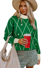 Dark Green Diamond Pattern Pom Accents Contrast Trim High Neck Sweater Sweaters JT's Designer Fashion